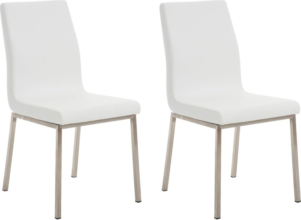 Two white dining chairs with metal legs on a white background.