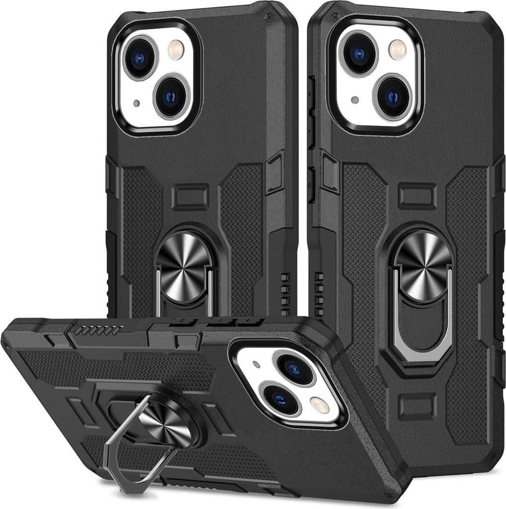 iPhone 13 Hülle, Dual Layer Robuste Rüstung Ringhalter Ständer Schutzhülle für iPhone 13 Schwarz
