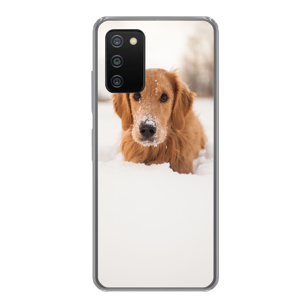 MuchoWow Handyhülle Schutzhülle Hülle für Samsung Galaxy A03s Hund - Schnee - Winter Silikon Softcase Handy Hülle - Schutz