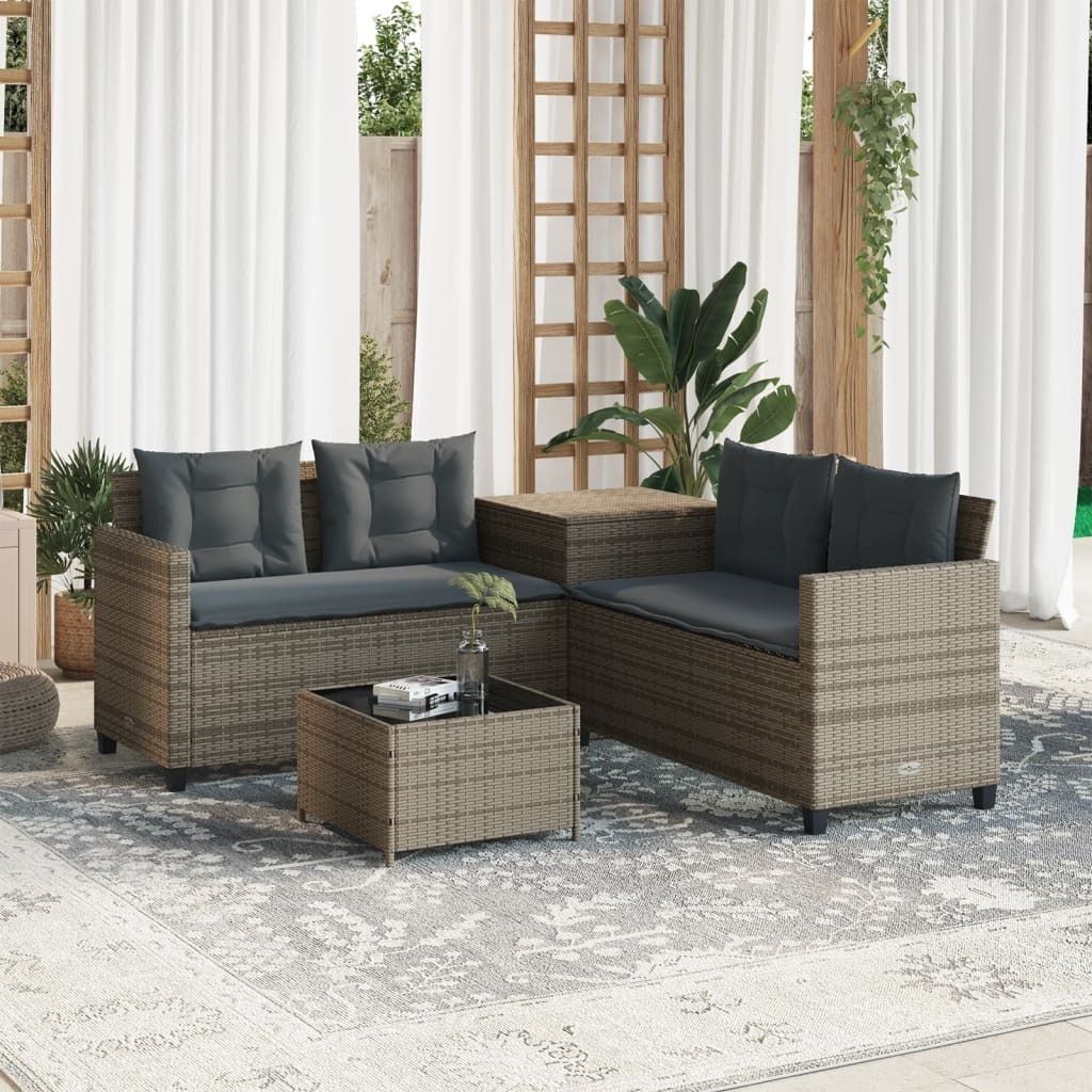 Maison Exclusive - Gartensofa in L-Form mit Tisch und Kissen Grau Poly Rattan