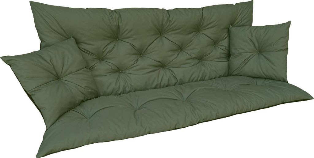 A green bench cushion with two smaller square cushions attached.