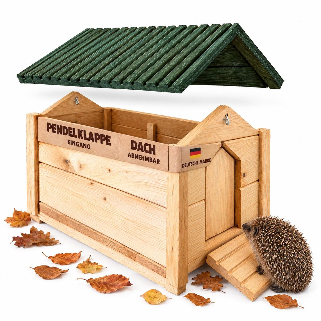 zooprinz Igelhaus Milo aus Holz mit Pendelklappe, Rampe und grünem Satteldach