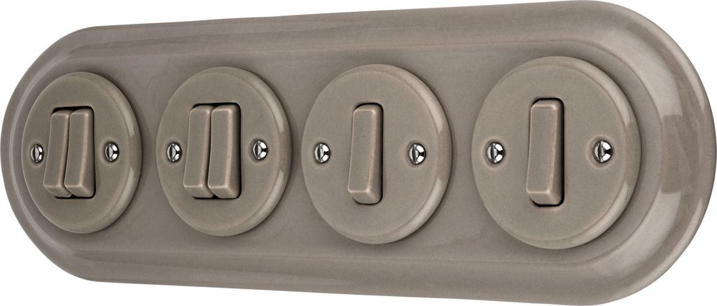 Unterputz Porzellan Retro Schalter, Doppelschalter, 4-fach, All-in-One, SET Serie PR1 graubeige