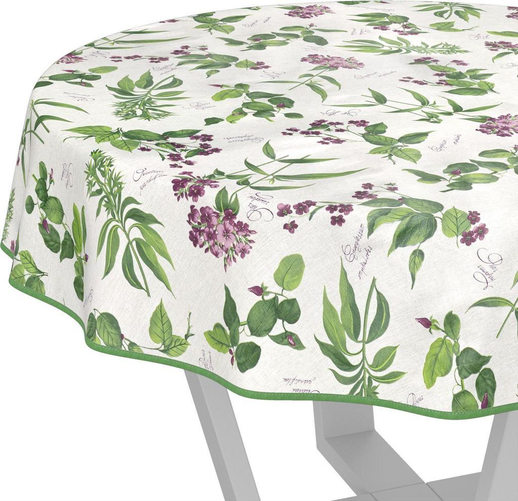 Tischdecke wasserabweisend abwaschbar Grün Rund 140cm Band Landhaus Feldblumen Wachstuch Gartentischdecke