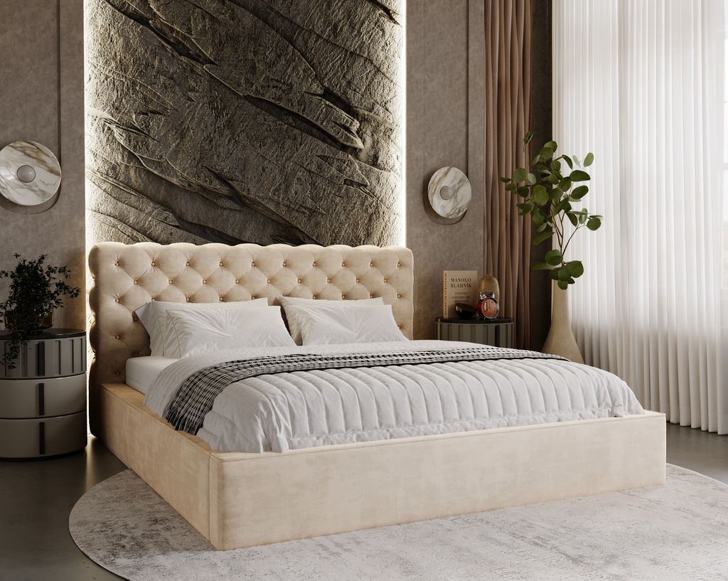 A bedroom scene featuring a large tufted bed.