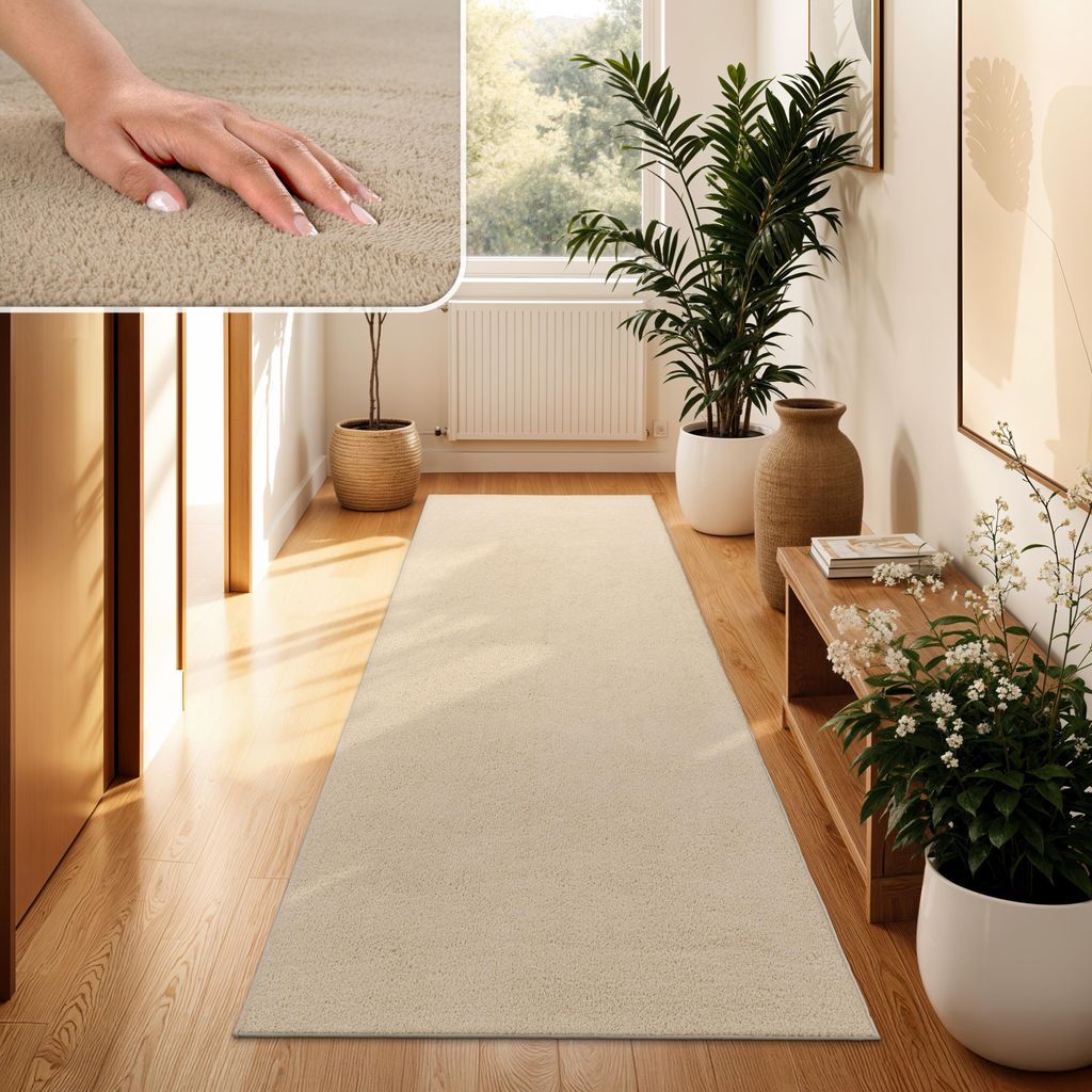 A hallway with a long beige runner rug, plants, and artwork.