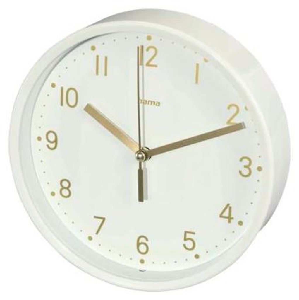 A close-up, slightly angled view of a white Hama table clock with gold hands and numerals.