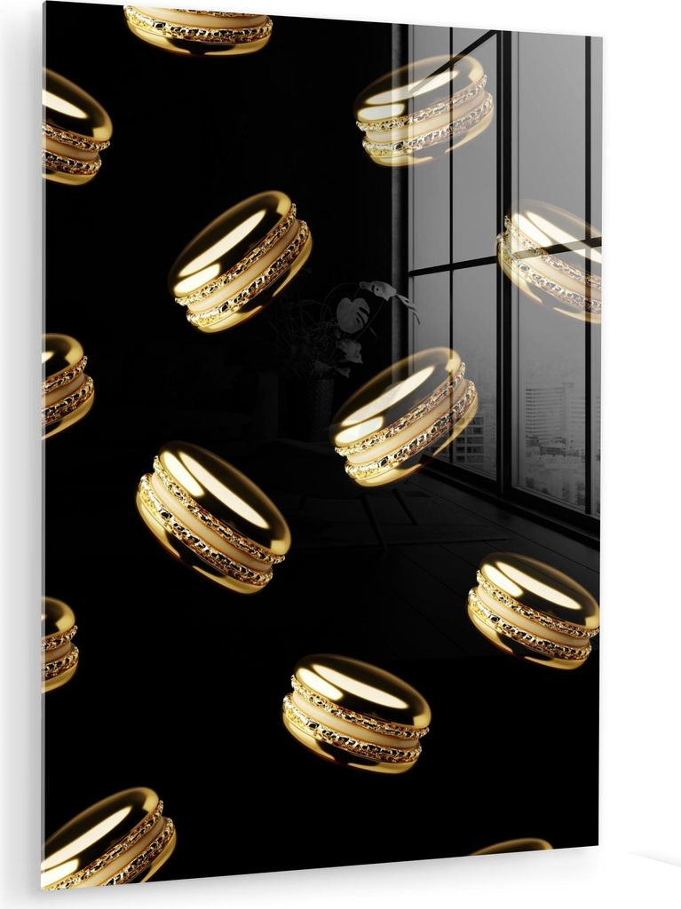 MuchoWow Glasbilder - Bilder auf Wandbild - Foto auf Glas Makronen - Muster - Gold - Schwarz 30x40 cm Wanddekoration aus Glas - Acrylglasbild - Acr...
