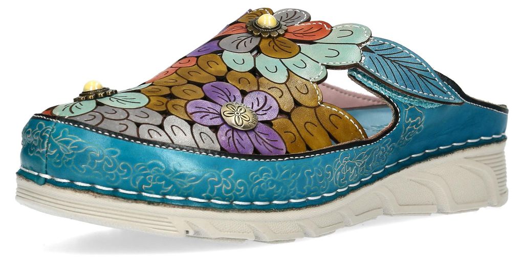 Laura Vita Damen Clog Leder mit floralem Muster und Nieten Dorry 22, Größe:40 EU, Farbe:Blau