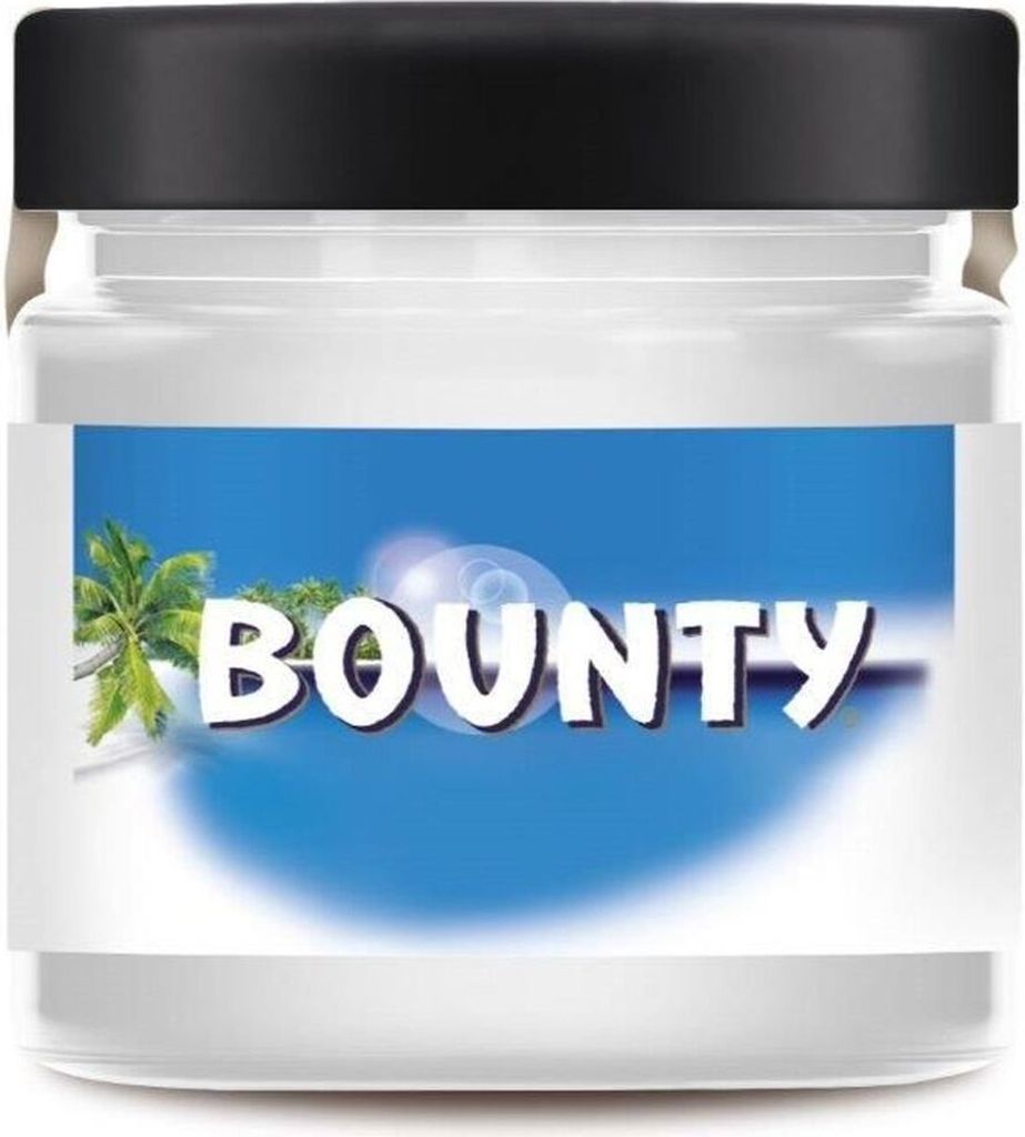 A jar of Bounty spread with a tropical background.
