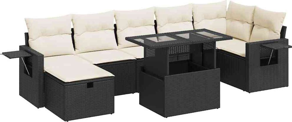 vidaXL 8-tlg. Garten-Sofagarnitur mit Kissen Schwarz Poly Rattan
