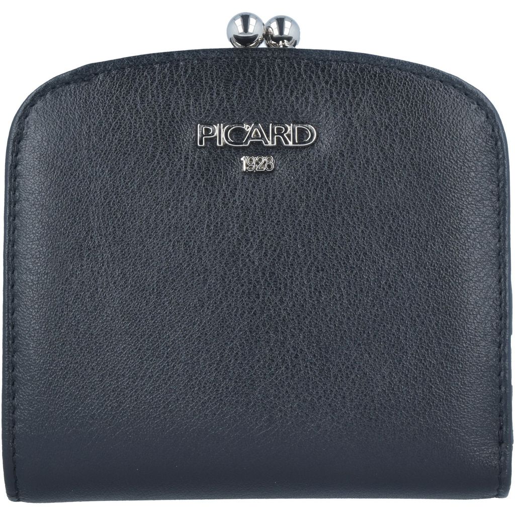 A black leather wallet with a clasp closure.
