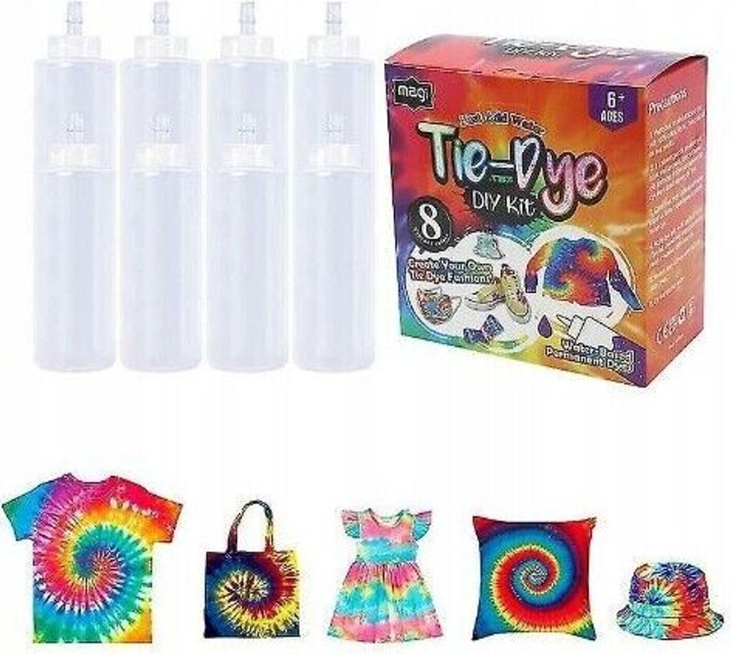 A tie-dye DIY kit with bottles and examples of tie-dyed items.