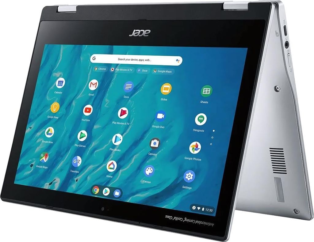A 2-in-1 convertible laptop is shown in a diagonal view, with its screen open and displaying the Chrome OS interface.