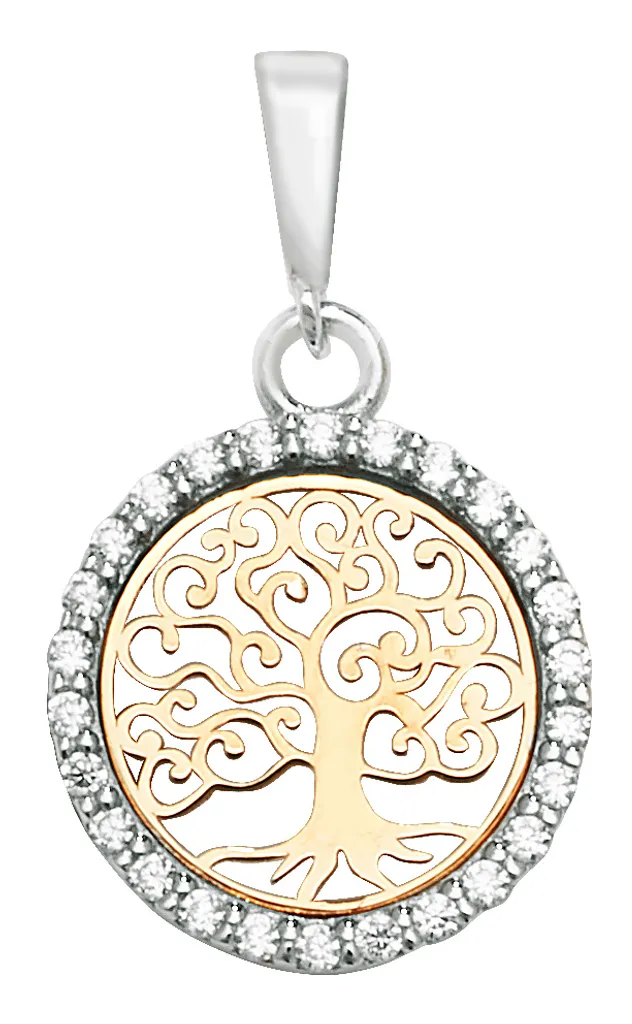 Pendentif Or 375 Bicolore Arbre de Vie Serti de Zirconiums Brillants