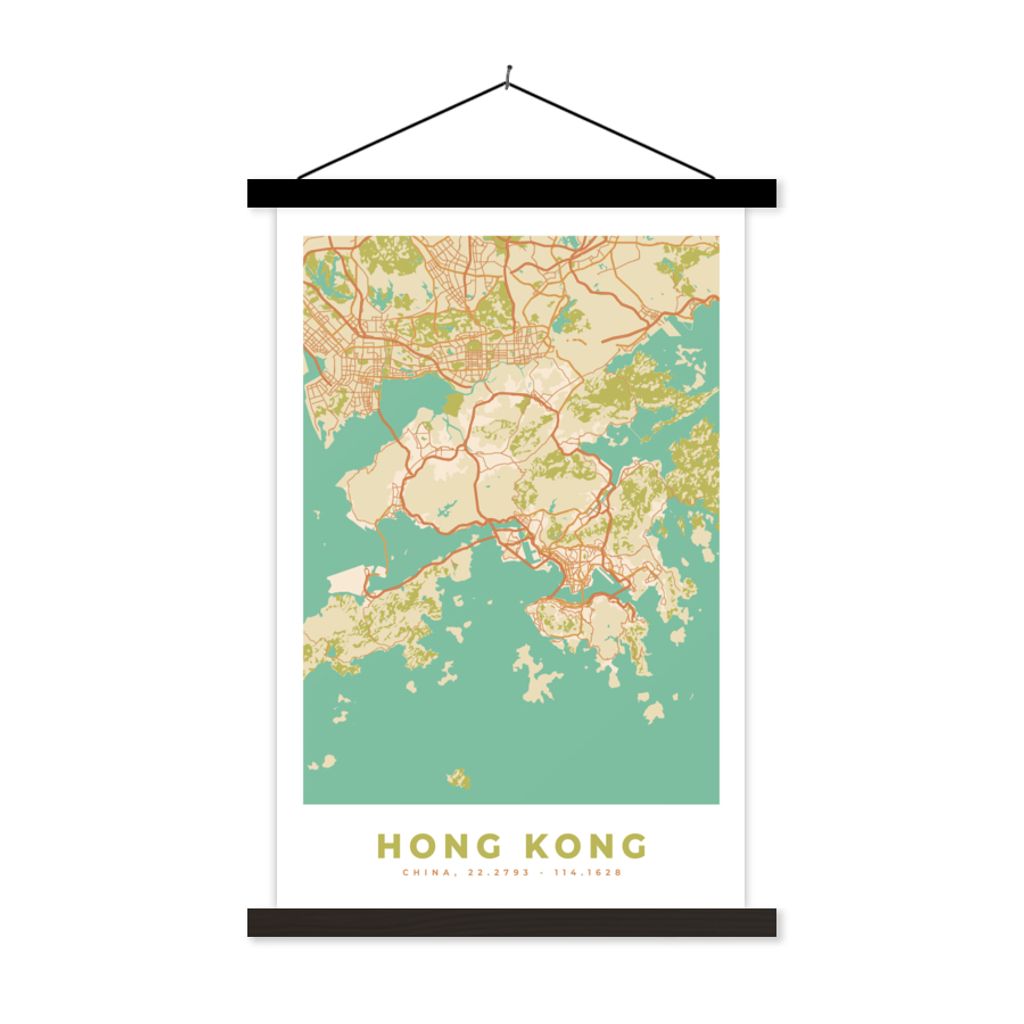 MuchoWow Textilposter Karte - Hongkong - Stadtplan - Vintage - Karte 40x60 cm mit schwarzem Rahmen - Wanddekorationen