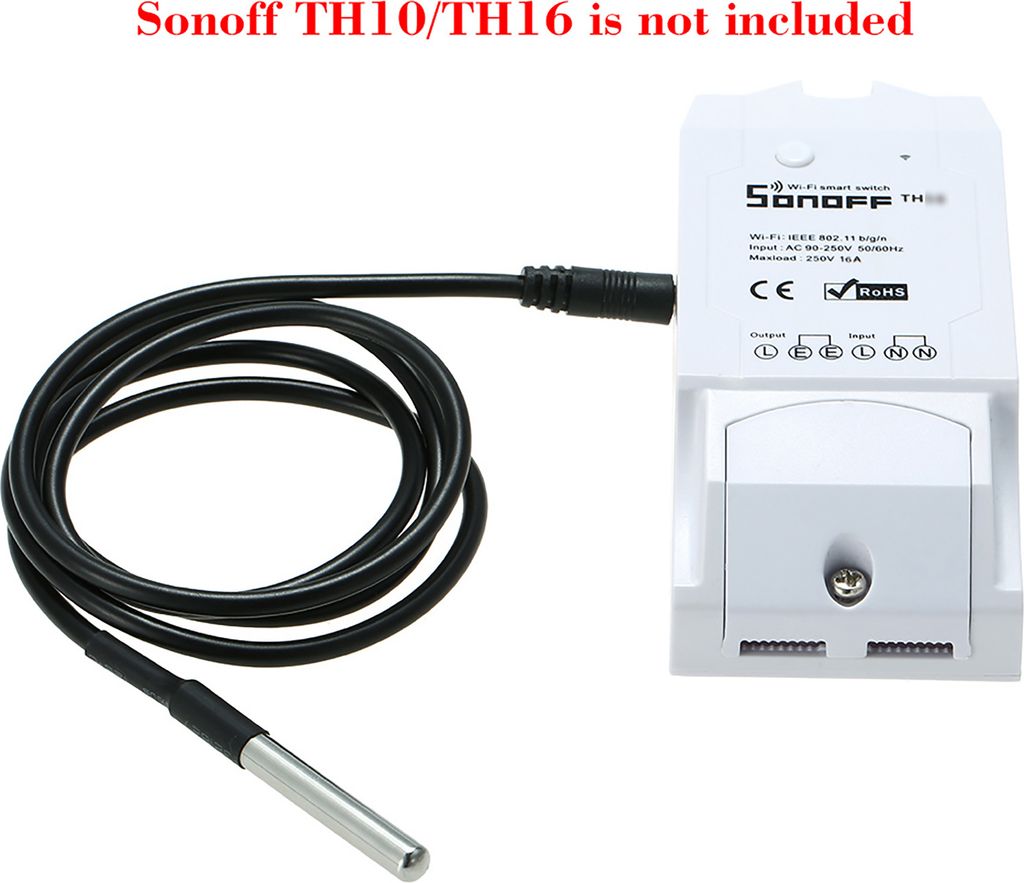 A Sonoff TH10/TH16 smart switch with a connected waterproof temperature sensor.