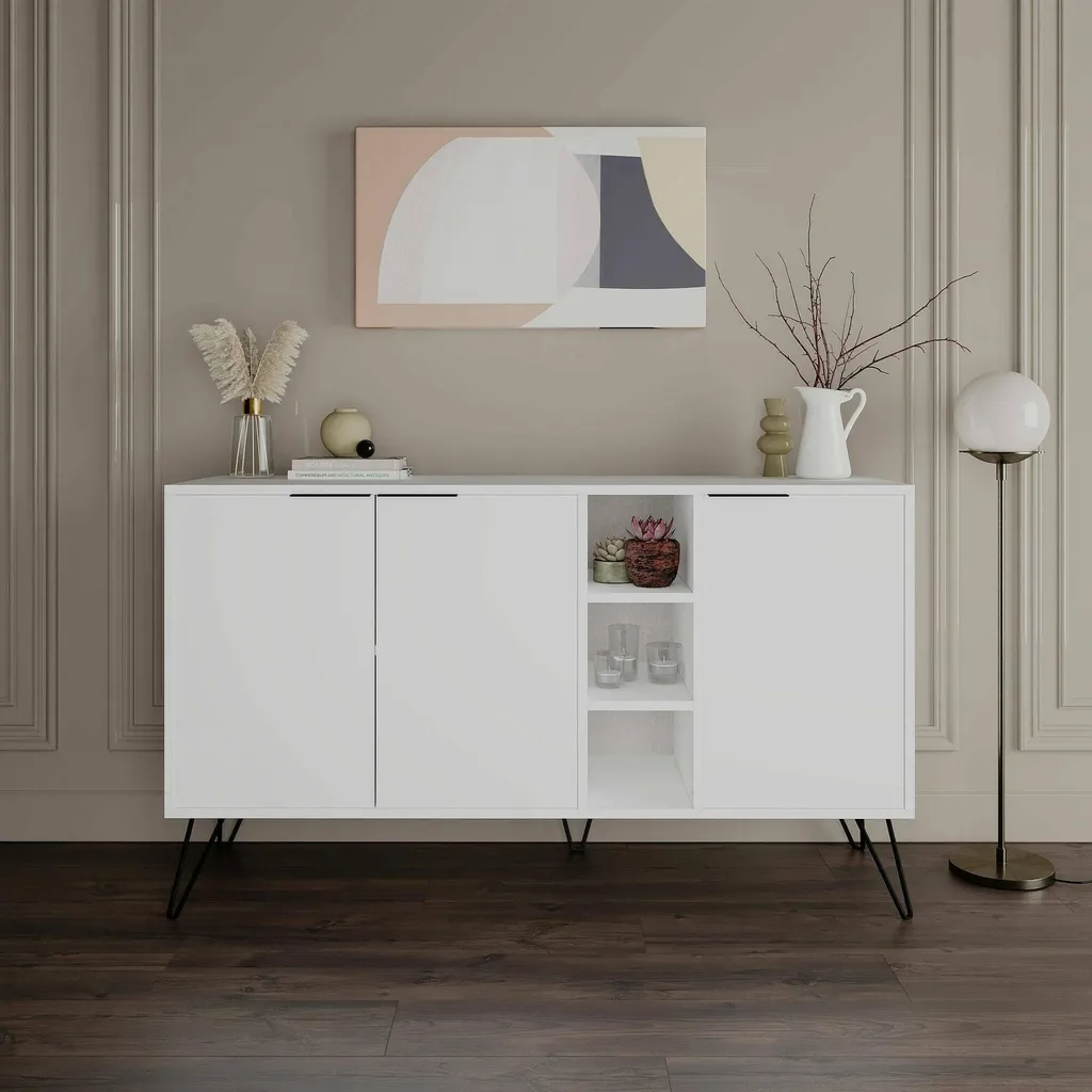 Buffet Alin 142cm Blanc avec 4 Étagères Robustes et Design Épuré