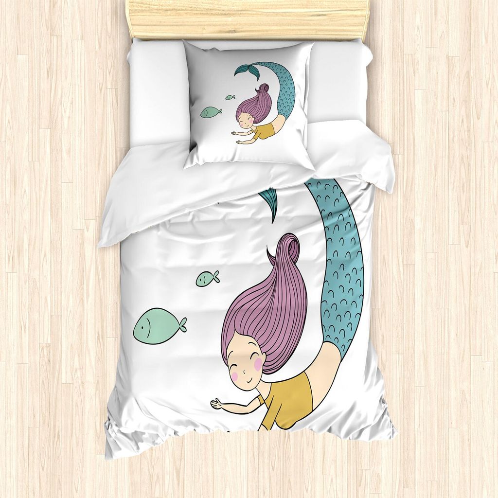 ABAKUHAUS Meerjungfrau Bettbezug Set, Glückliche Sirene, die glücklich unter Wasser nach kleinen Vögeln fröhlich Marine Fantasy schwimmt, 135 x...