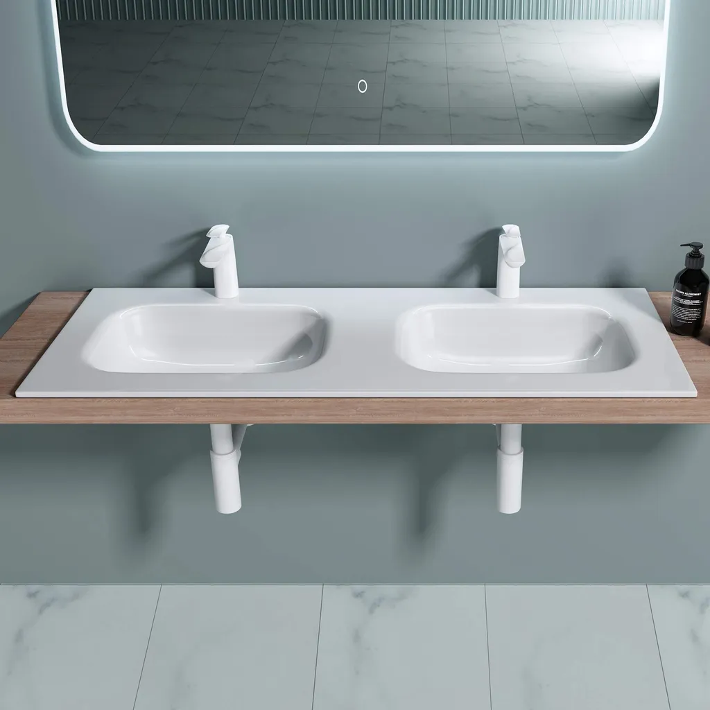 Lavabo Double Format 144cm Blanc Rectangulaire Idéal Salle de Bain XXL