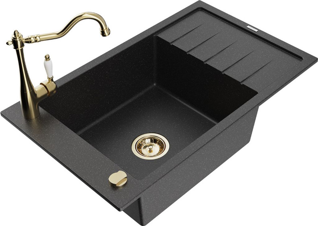 Mexen Elias 1 Becken-Granitspüle mit Abtropffläche und Mischbatterie Carla, Schwarz/Silbermetallic - 6511-73-670700-50