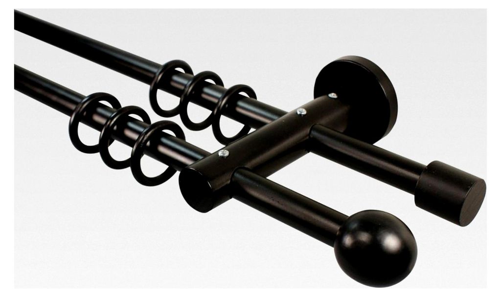 Gardinenstangen 2-läufig 16 mm aus Metall und Holz in Schwarz mit Kugel-Endstück, 160 cm
