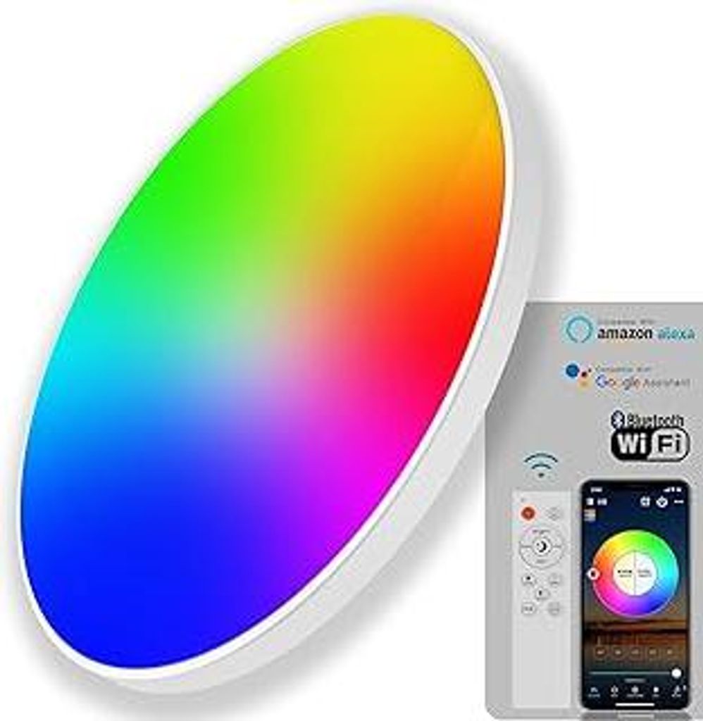 Smart Deckenlampe LED RGB DIY Farbwechsel Lampe 30W, & Google Home kompatibel, Rund 30cm Deckenleuchte Dimmbar mit Fernbedienung, IP44 Leuchte für...