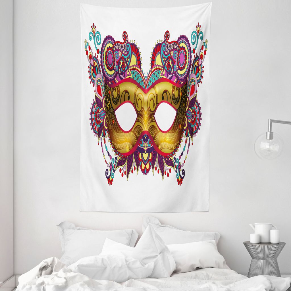 ABAKUHAUS Karneval Wandteppich und Tagesdecke, Aufwändige gelbe Maske aus Weiches Mikrofaser Stoff Waschbar ohne Verblassen Digitaldruck, 140 x 23...