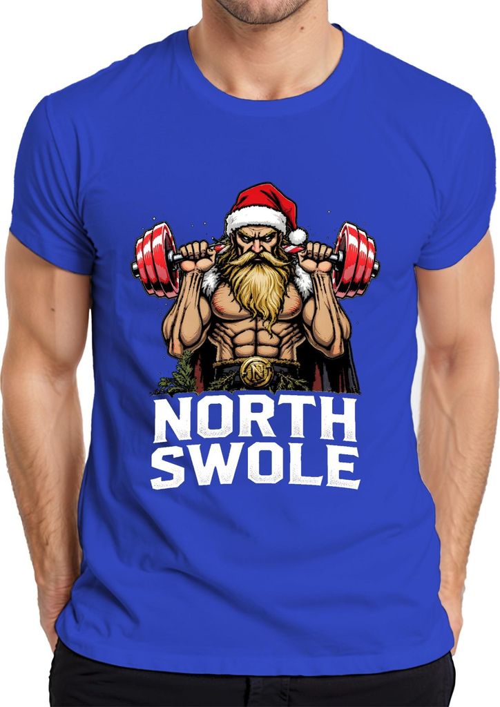 NORTH SWOLE Weihnachtsmann Fitness Gym Bodybuilding Geschenk Herren T-Shirt, Blau, XL