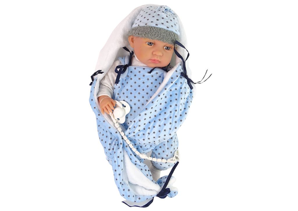 LEAN Toys 12398 Puppe mit blauer Decke und Schnuller, 46 cm