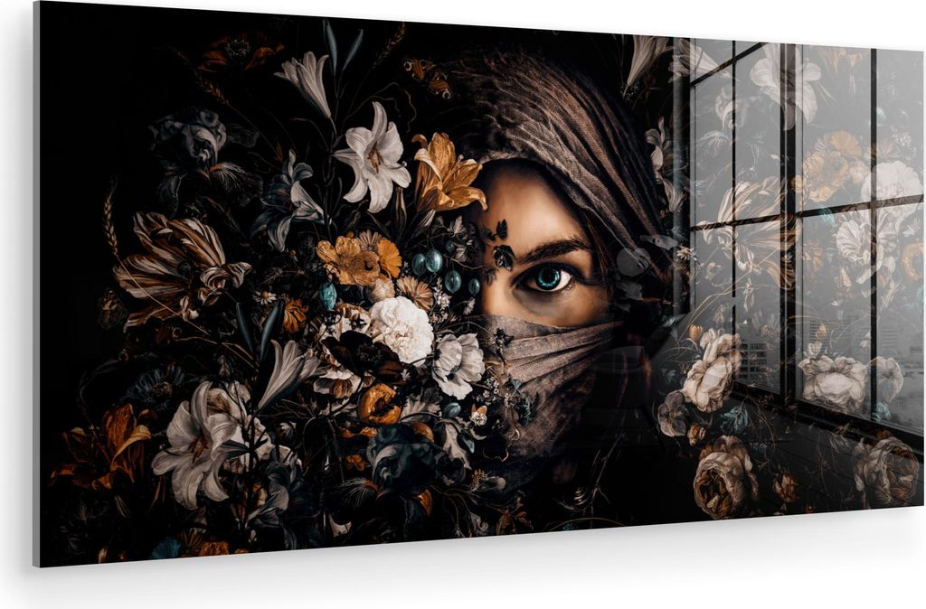 MuchoWow Glasbilder - Bilder auf Wandbild - Foto auf Glas Frau - Luxus - Blumen - Schmetterling - Porträt 40x20 cm Wanddekoration aus Glas - Acryl...