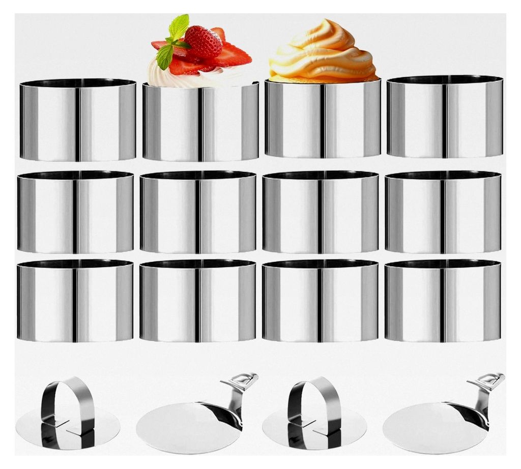 16-teiliges Set Dessertringe, Tortenring 8 x 4 cm, Servierringe aus Edelstahl mit 3 Grundplatten, 3 Deckeln und Latte-Art-Schablonen, kleiner Kuche...