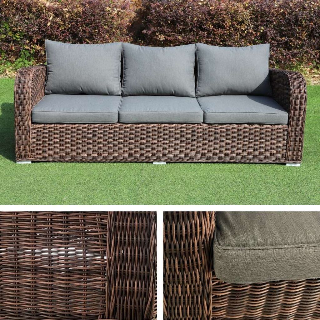 3er Lounge Sofa VITA rundes Polyrattan Natural-Brown Gartenmöbel