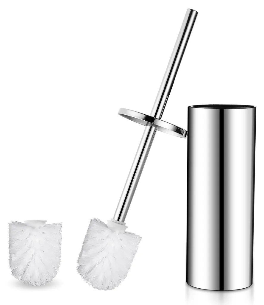 Brosse WC anti-rouille en acier inox argenté et son lot de 2 têtes blanches
