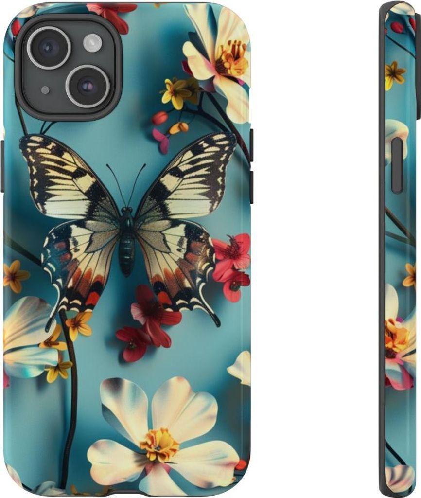 Schmetterling und Blumenmuster auf Blau – Hülle Kompatibel mit iPhone 15 Plus