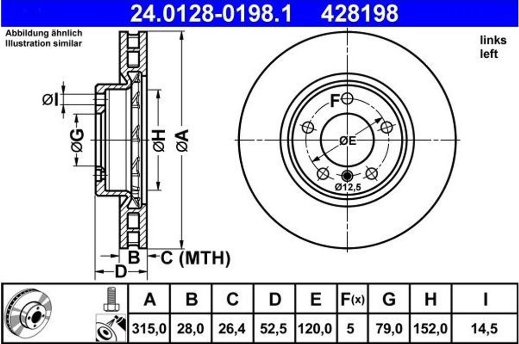 ATE Bremsscheibe Vorderachse links 24.0128-0198.1