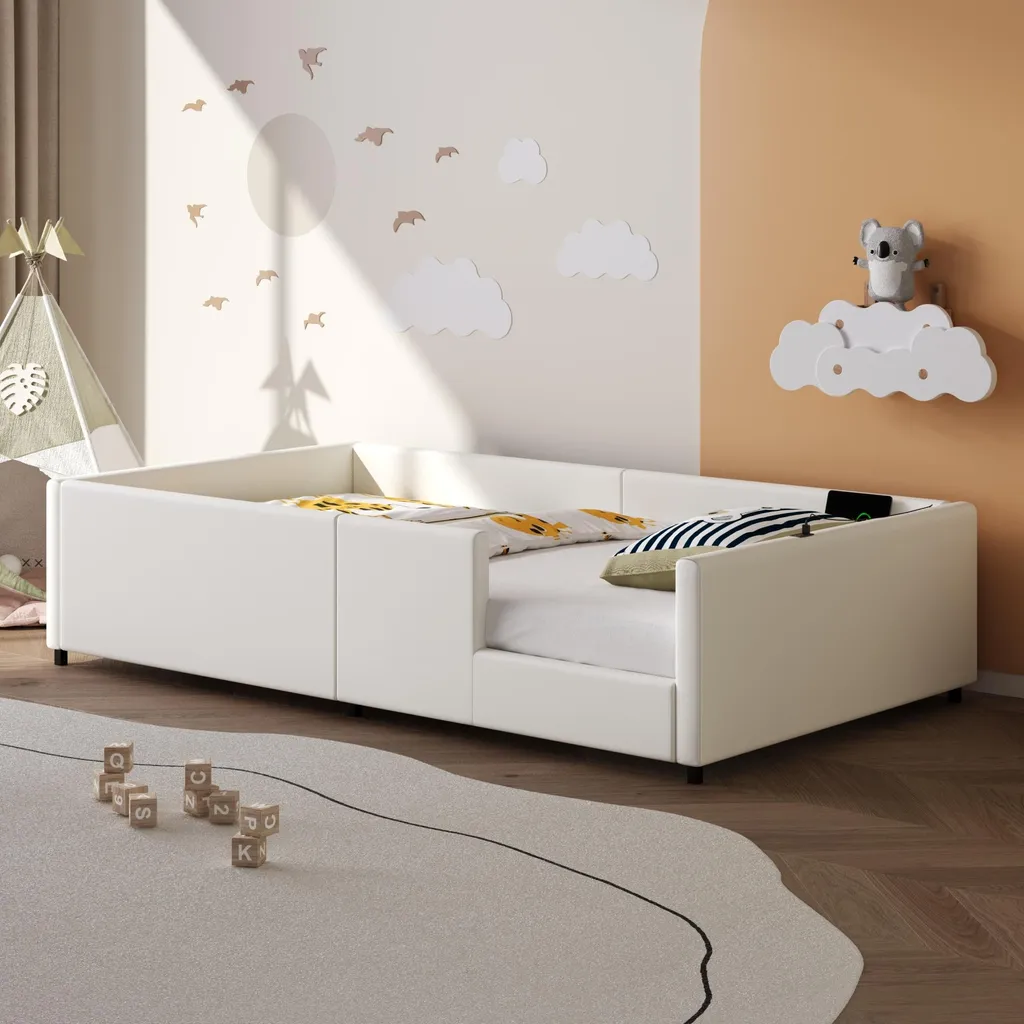 Merax Lit Rembourré 90x200 cm avec Garde-corps et Port USB Type C Blanc
