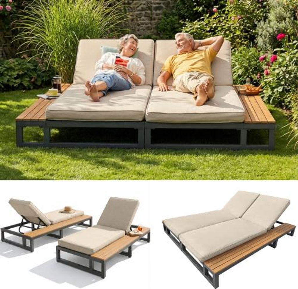 Gartenliegestuhl Outdoor-Freizeitstuhl Schlafsofa, Doppelliegestuhl Sonnenliegestuhl, verstellbarer Rückenlehnenwinkel, beige, Doppelliegestuhl-Bett
