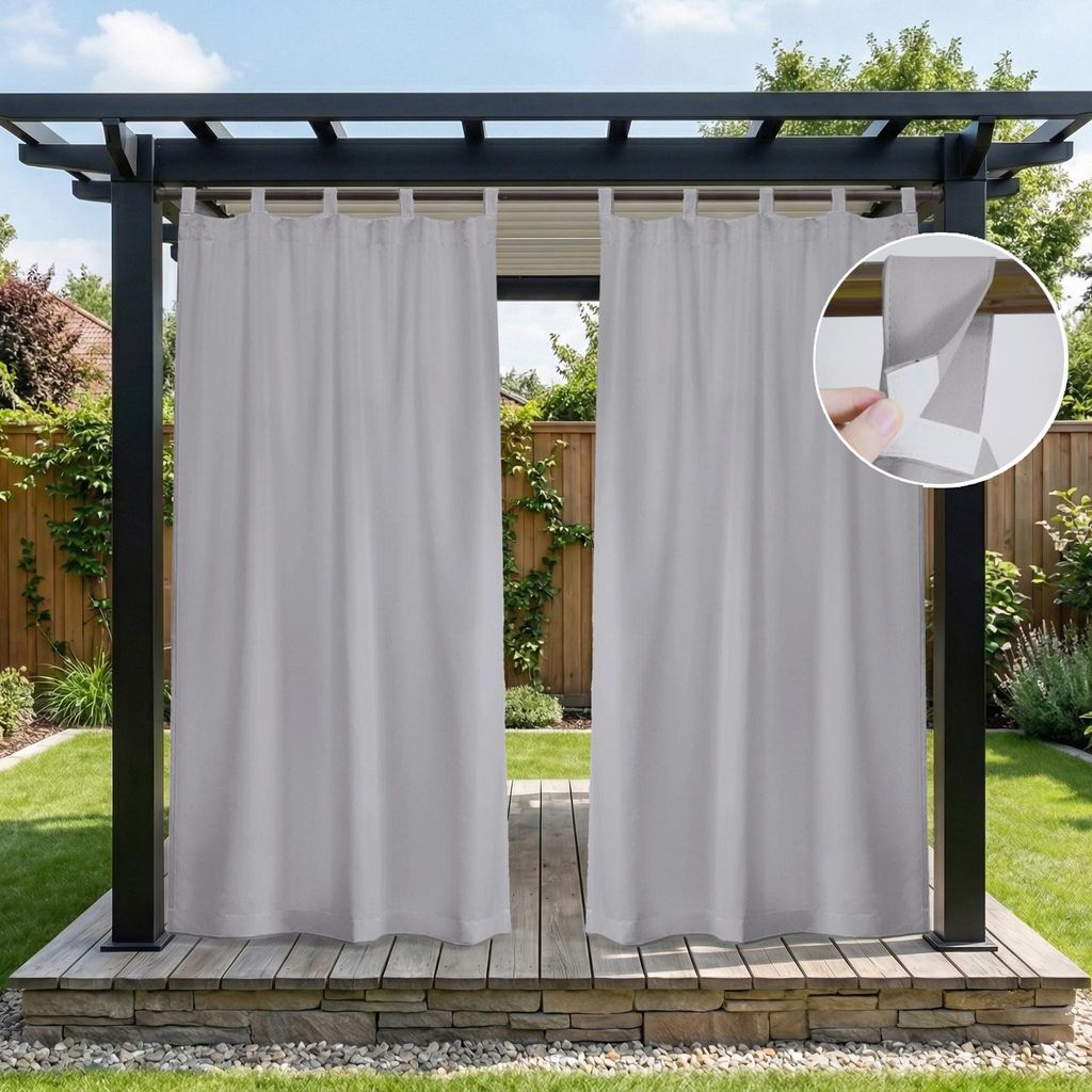 Outdoor Vorhänge Wasserdicht Blickdicht Sonnenschutz Außenvorhang mit Abnehmbaren Schlaufen Terrasse Gardinen, 1 Stück, Hellgrau, B132xH213cm