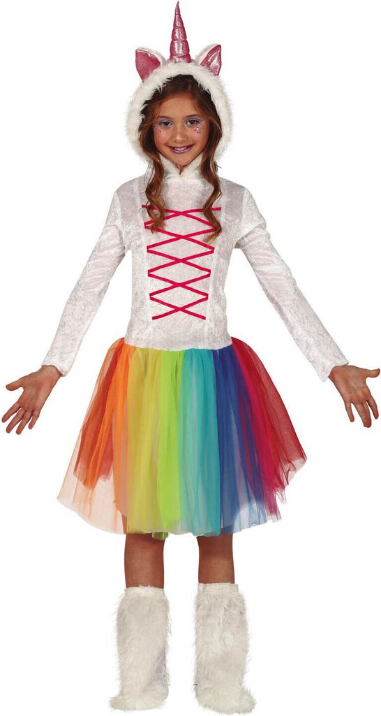 Einhorn Karneval Traum Tutu Kleid Regenbogen Kinder Kostüm Kapuze Fantasie, Größe: 128/134 Farbe: Weiß
