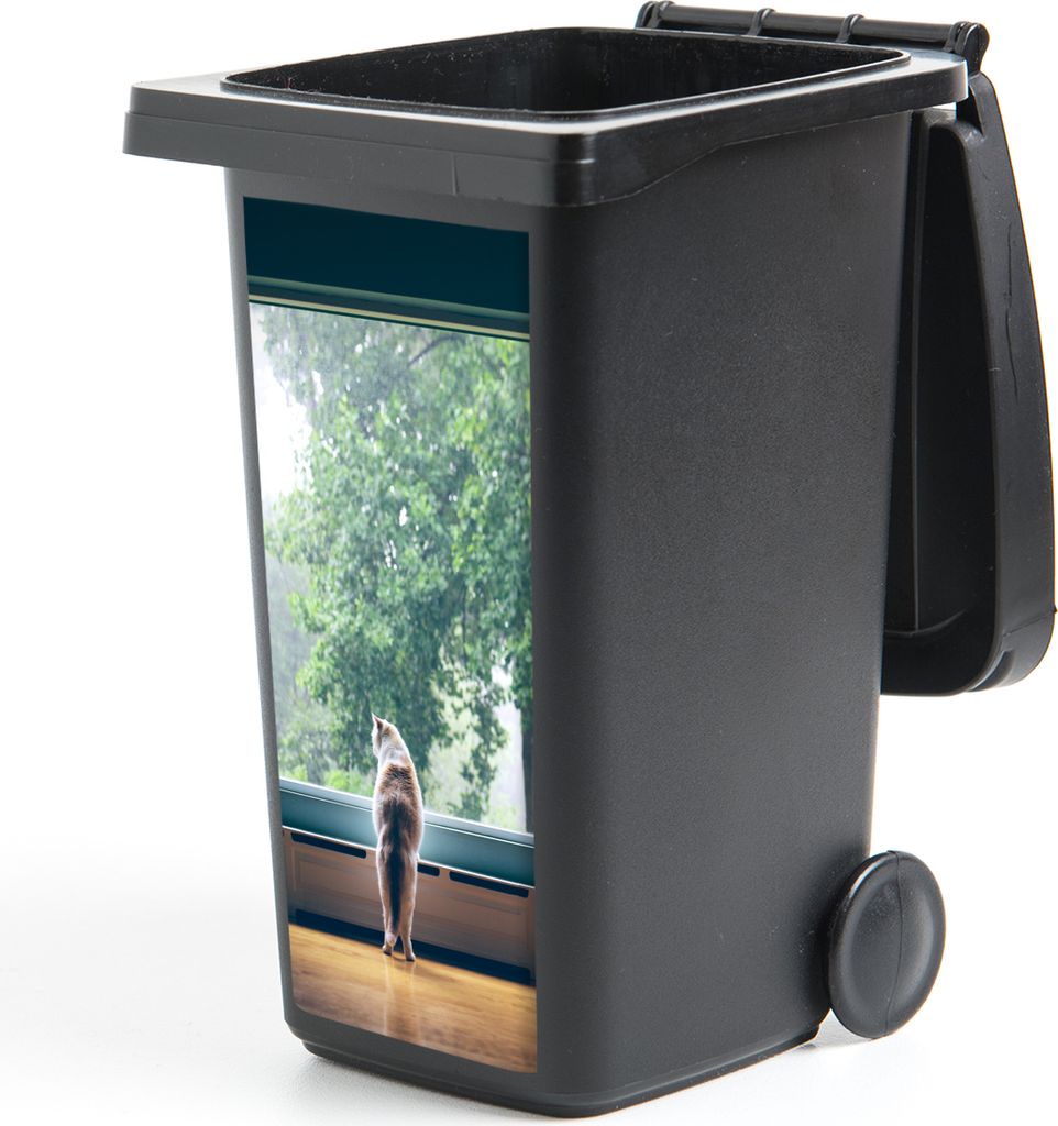 MuchoWow Mülltonnenaufkleber Katze - Fenster - Pflanzen 38x80 cm - Behälteraufkleber - Mülleimer-Aufkleber - Container-Aufkleber