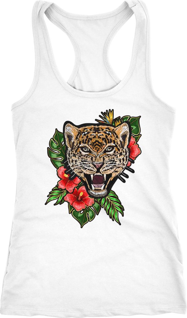 Damen Tank-Top Tiger Patch Tropical Palmblätter Sommer Stick-Optik Racerback Neverless weiß M