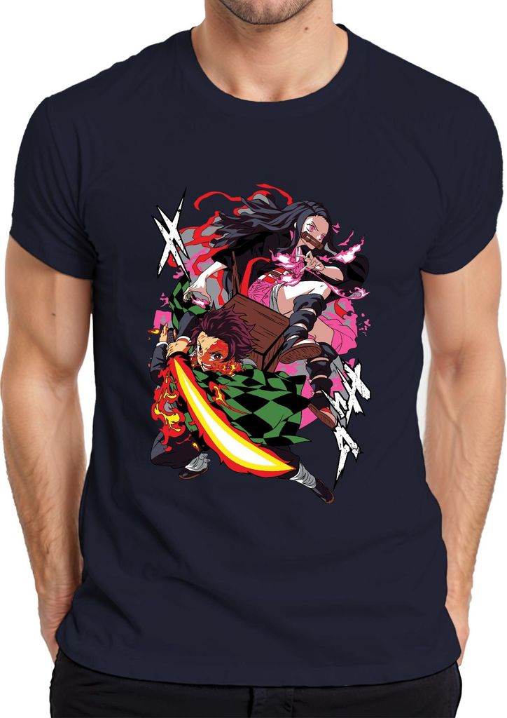 Kimetsu no Yaiba Tanjiro Nezuko Feuerklinge Anime Geschenk Manga Herren T-Shirt, Navy, XXL