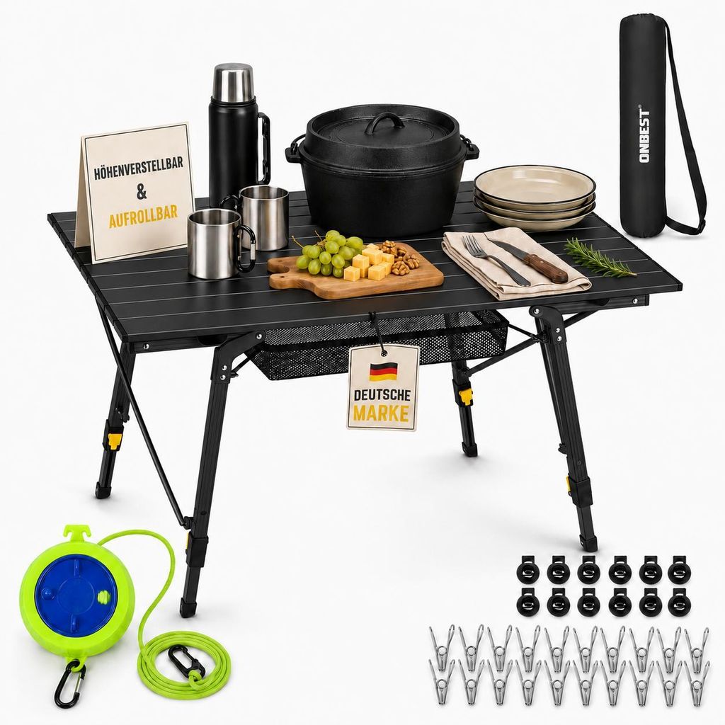 ONBEST Klapptisch | Schwarz | mit Netztasche | Wäscheklammer | Wäscheleine | Tragetasche | Höhenverstellbar | Aufrollbar
