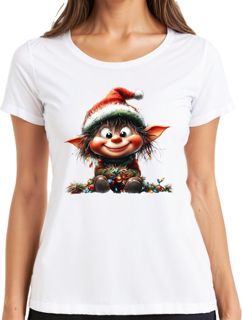 Weihnachtswichtel niedlich Lichterkette Kugeln Kinder Geschenk Damen T-Shirt, Weiß, XXL