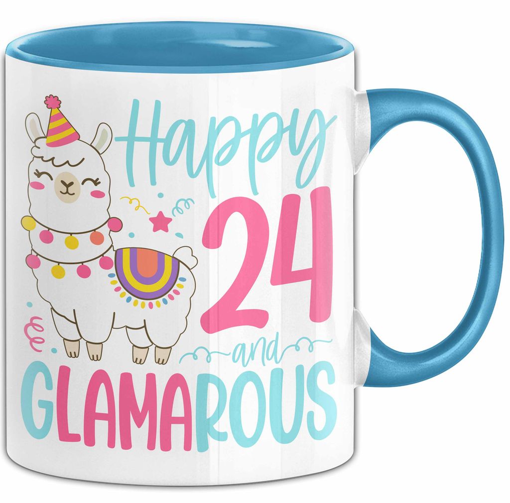 24er Geburtstag Tasse Geschenk Happy 24 And Glamarous Llama Alpaka Liebhaber Geschenkidee zum Geburtstag (Blau)