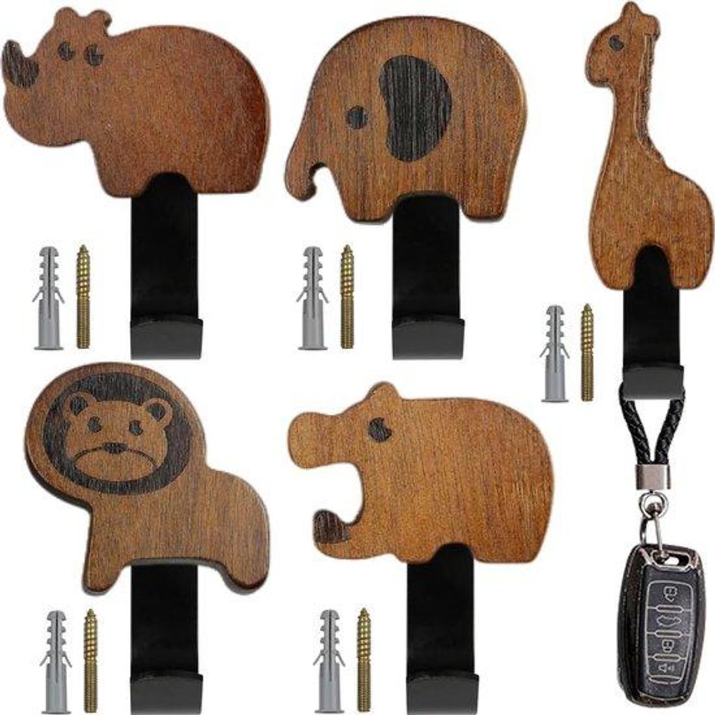 Houten kinderkapstokken Animal Series, 5 stukken, 5 dierenvormen (Nijlpaard, Giraffe, Leeuw, Olifant, Neushoorn), inkl. 5 Metallhaken