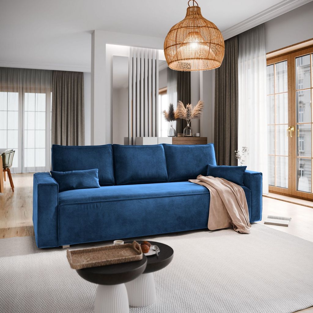 Sofa ALATRI Blau Velours-Stoff mit Schlaffunktion, Sofa mit Bettkasten, Sofa mit Bettkasten, Wohnzimmersofa, Couch, Soffa, Bettsofa, Couchgarnitur-...