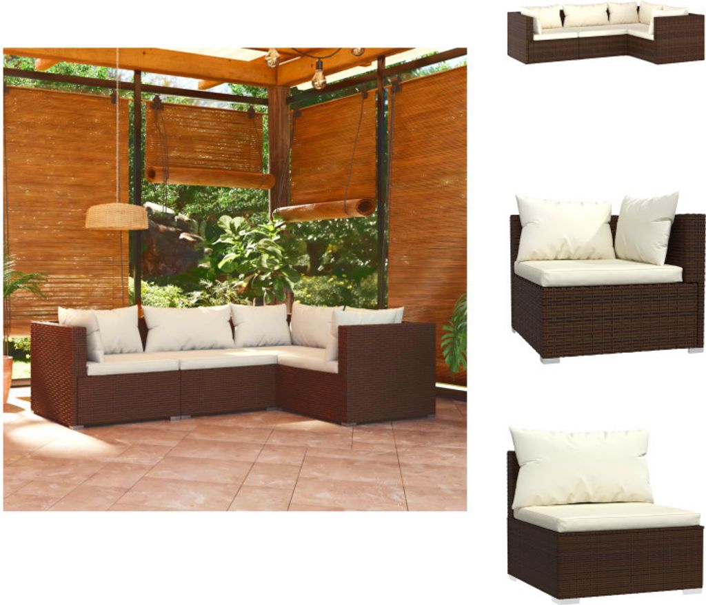 vidaXL 4-tlg. Garten-Lounge-Set mit Kissen Poly Rattan Braun - Gartenmöbel-Sets