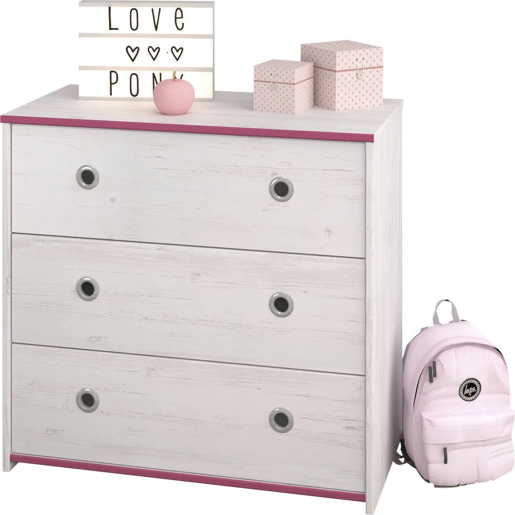 Commode 3 Tiroirs Smoozy 79 cm Blanc Bicolore Rose ou Bleu Chambre